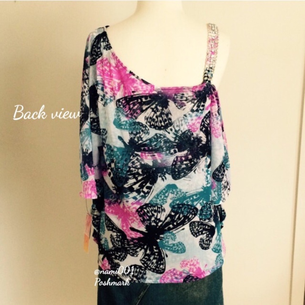 Pretty Floral Butterfly Print Cold Shoulder Bling Strap Top Blouse - Picture 3 of 4